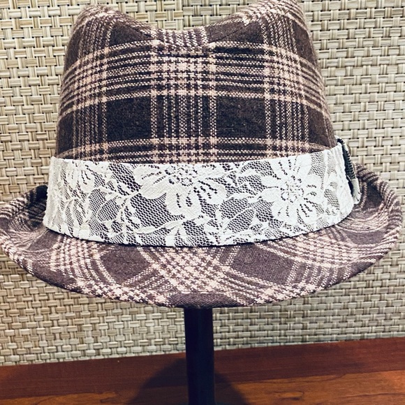 ?2xHP?NWOT Brown Plaid Wool & Lace Fedora Hat main image 12